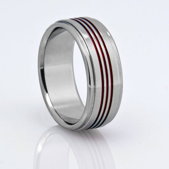 Titanium Band - Three Centered Red Pinstripes - Stepped Down Edges