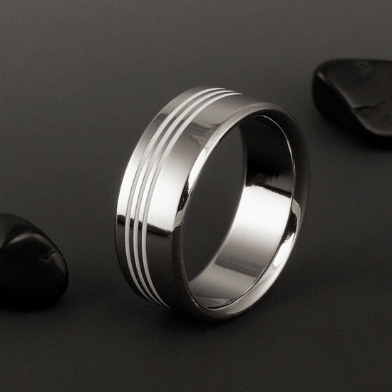 Titanium Band in a Flat Profile with Three Off Center White Pinstripes