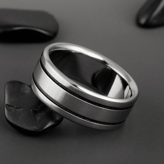 Titanium Band - Two Black Pinstripes on Either Side