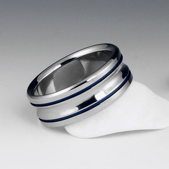 Titanium Band - Two Blue Pinstripe Inlays - Concave Center
