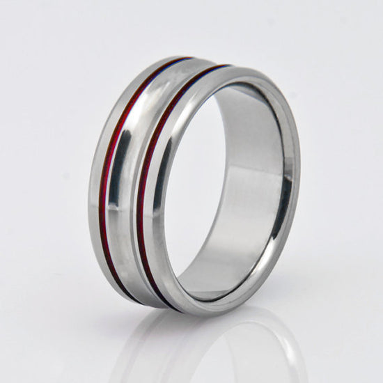 Titanium Band - Two Red Pinstripes - Concave Center