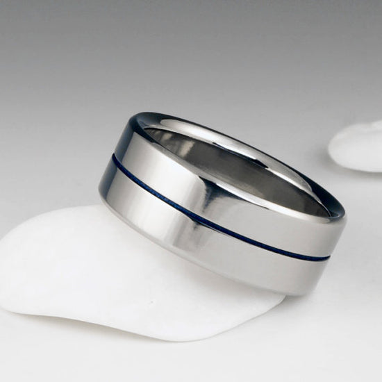 Titanium Ring - Centered Blue Pinstripe