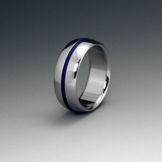 Titanium Ring - Domed Profile - One Wide Blue Pinstripe