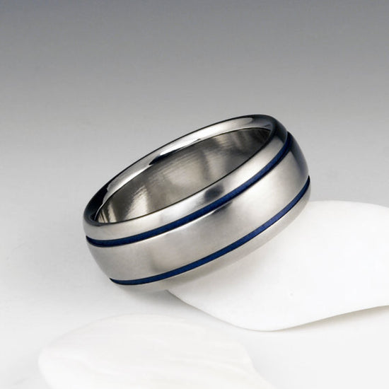 Titanium Ring - Domed Profile - Two Blue Pinstripes on Either Side