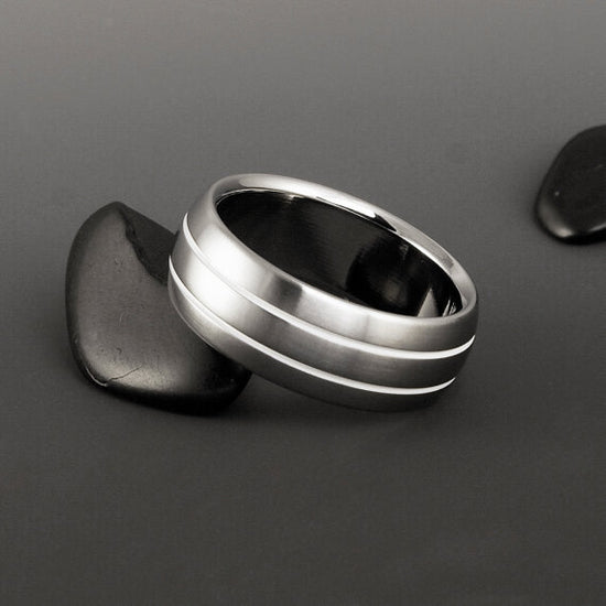 Titanium Ring - Domed Profile - Two White Pinstripes