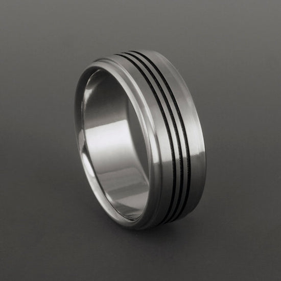 Titanium Ring - Flat Profile - Three Centered Black Pinstripes - Stepped Down Edges