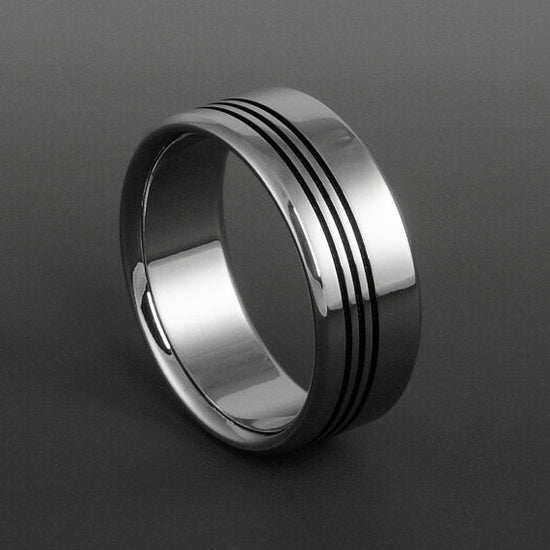 Titanium Ring - Flat Profile - Three Off Center Black Pinstripes