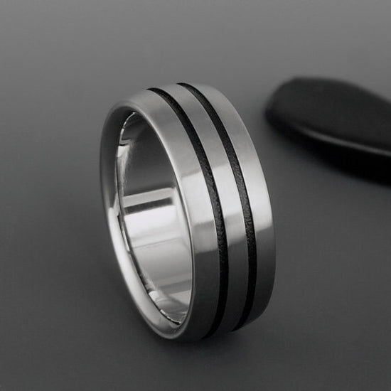 Titanium Ring - Flat Top - Beveled Edges - Two Centered Black Pinstripes