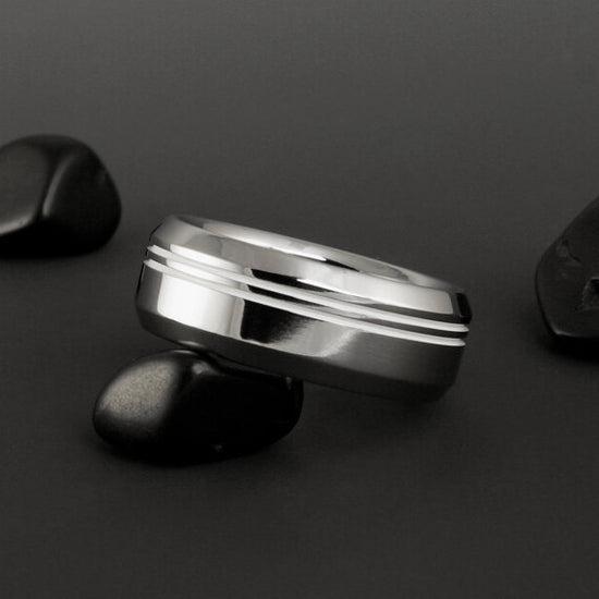 Titanium Ring - Two Off Center Pinstripes - Beveled Edges