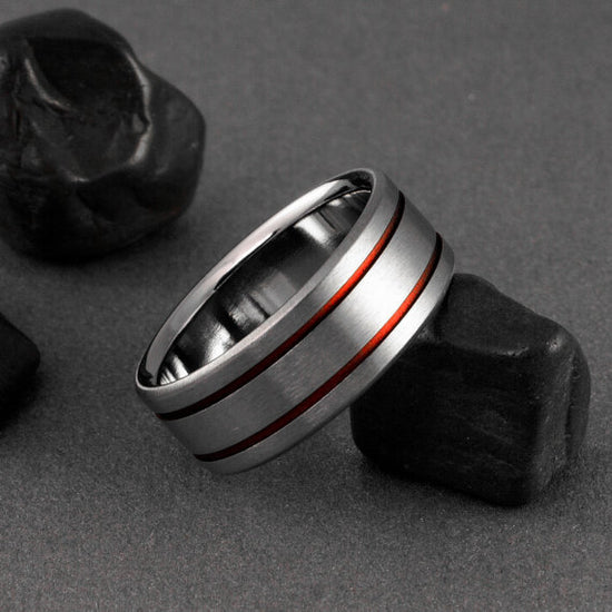 Titanium Ring - Two Red Pinstripes on Either Side