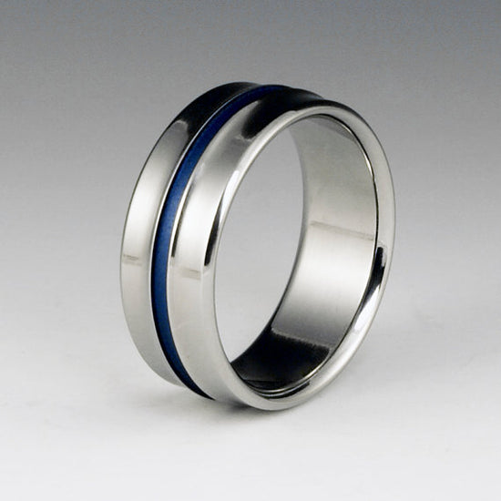 Titanium Ring - Gradually Raised Center - Blue Pinstripe