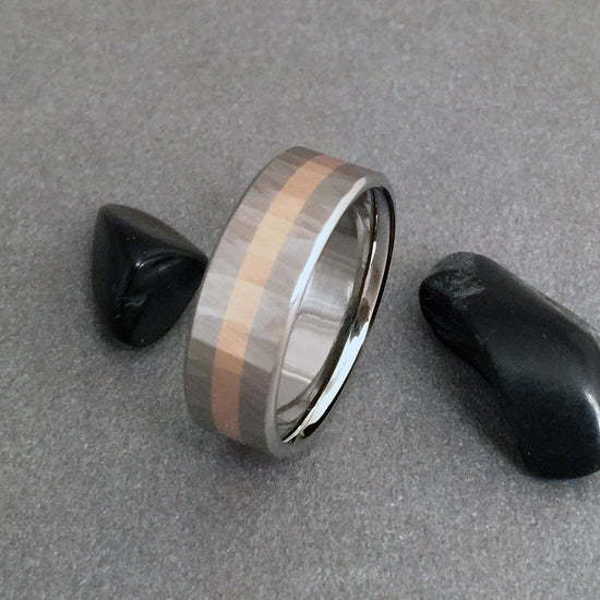 18K solid, wide rose gold & titanium band. Faceted with our original  "Sequoia" finish.