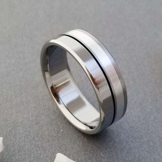 Sterling Silver and Titanium Wedding Ring wth a Black Pinstripe in a Flat Profile