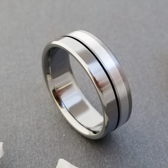 Sterling Silver and Titanium Wedding Ring wth a Black Pinstripe in a Flat Profile