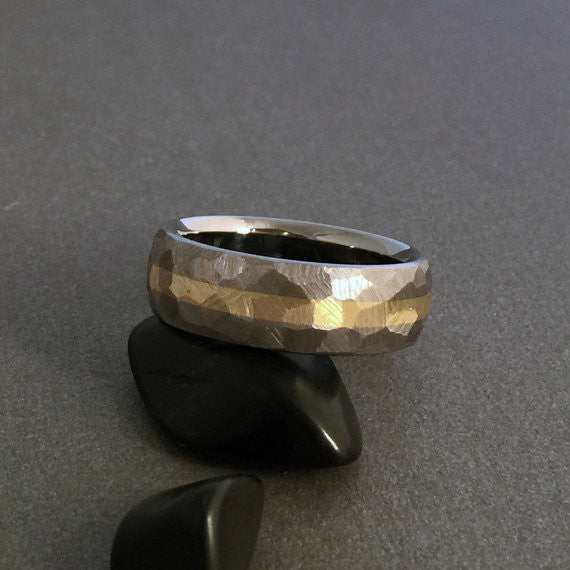 Beautiful hand ground "Mosaic" finished titanium ring in a domed profile, with one wide solid 18k gold centered pinstripe.