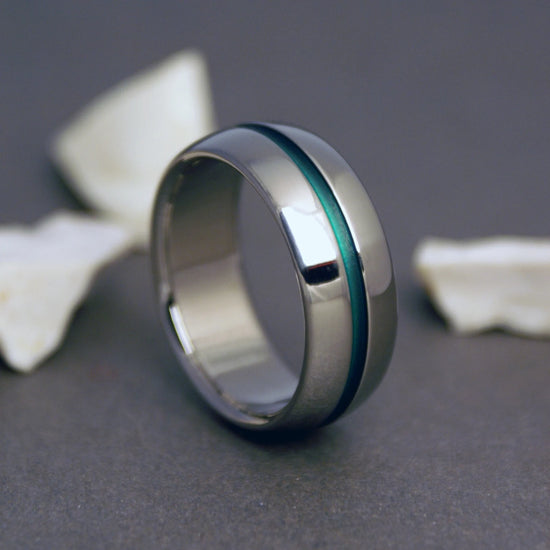 Titanium Band in a Domed Profile and an Emerald Green Centered Pinstripe