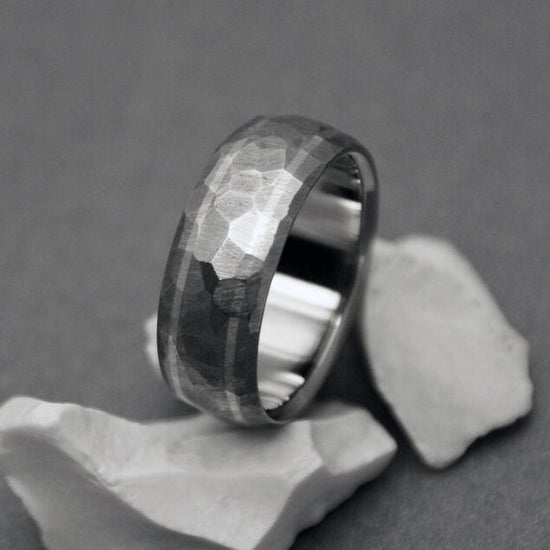 Classic Titanium Handcrafted "Mosaic" finish, hand ground titanium ring with two sterling silver pinstripes