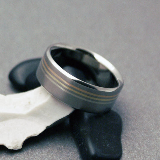 Titanium Ring - Three 18k Solid Yellow, White & Rose Gold Pinstripe Inlays